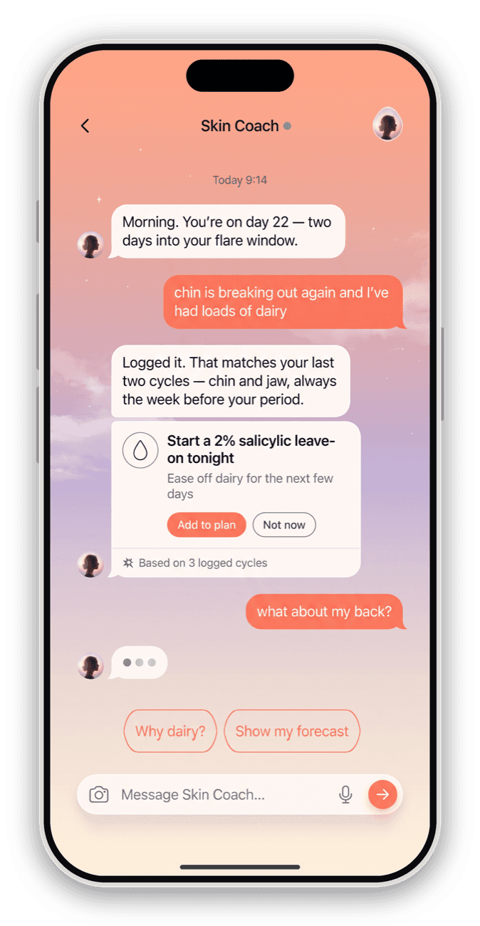 The Cirra skin coach chat answering a question, with quick-log chips below.