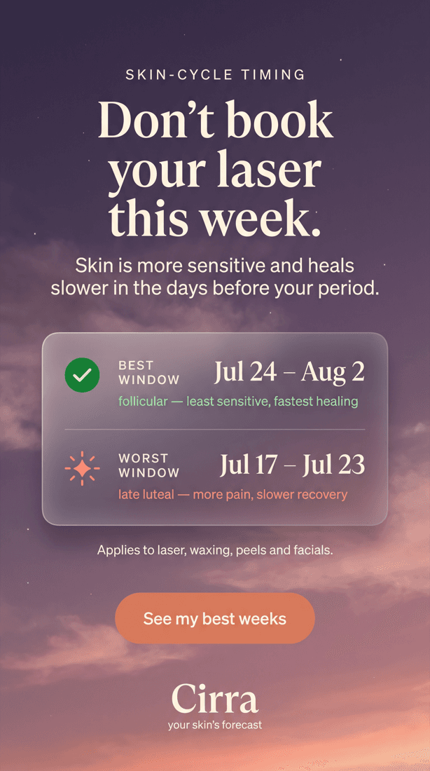 Card advising the best and worst weeks to book laser and facials.