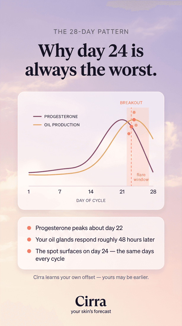 Chart showing progesterone and oil production curves across a 28-day cycle with the flare window marked.