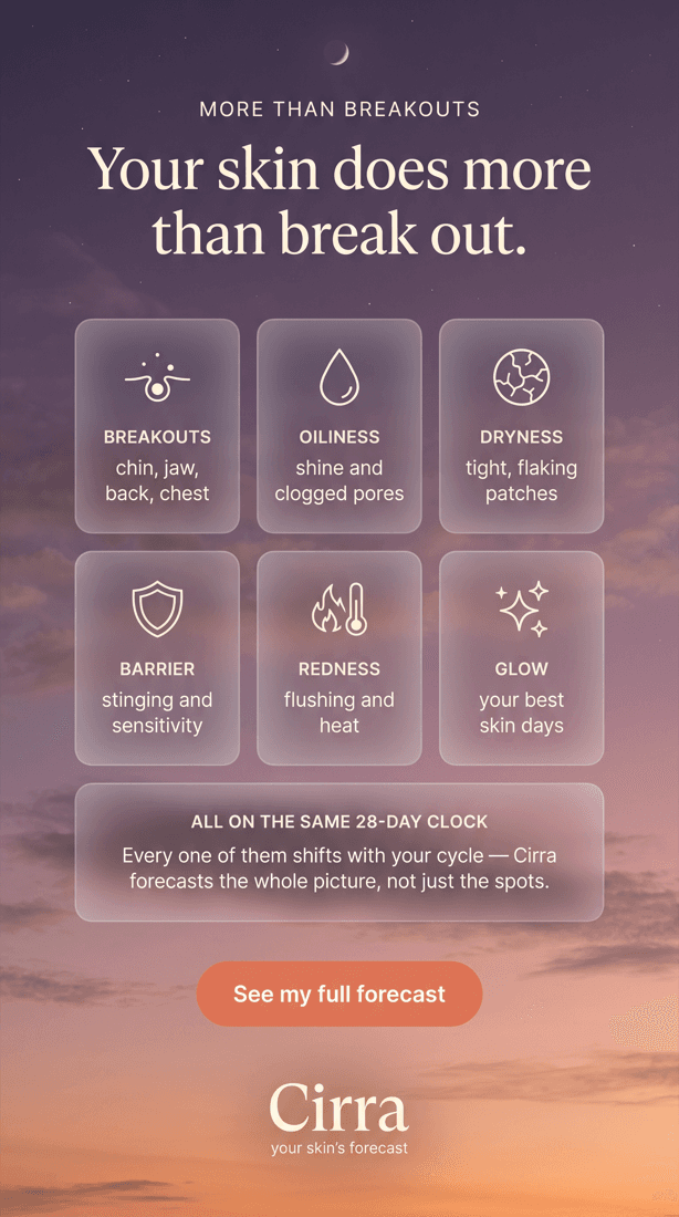 Six skin states Cirra forecasts: breakouts, oiliness, dryness, barrier, redness and glow.